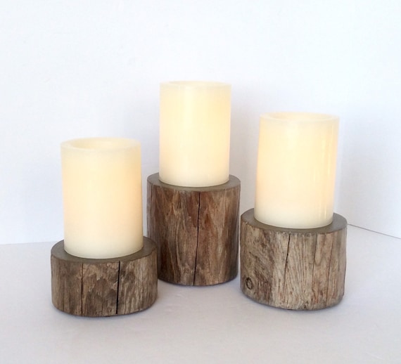 Rustic Wood Pillar Candle Holders, Farmhouse Decor Pillar Candle Stands, Set of 3