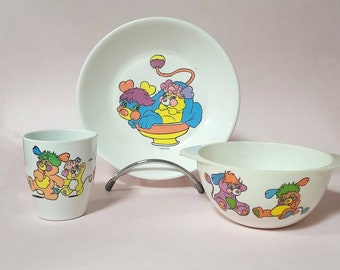 Popples set Glass, Bowl, Plate Plastorex melamine made in France vintage collection retro toy