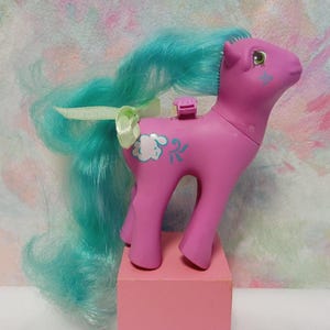 May include: A pink toy pony with a long, flowing turquoise mane and tail. The pony has a white cloud and blue floral design on its side, with a small pink accessory on its back. A light green ribbon and bow adorn the tail.