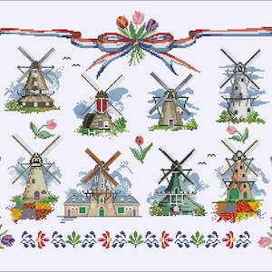 May include: A cross-stitch pattern featuring eight colorful Dutch windmills with blue skies and white clouds. The windmills are surrounded by green grass and flowers, including tulips. A red, white, and blue ribbon with a bow is at the top of the pattern.