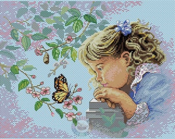 May include: A cross-stitch pattern of a young girl with blonde hair, wearing a blue dress, looking at a butterfly with pink flowers and green leaves in the background.