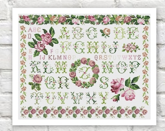 Flowers Alphabet Cross Stitch Pattern  Colorful Art DIY X-stitch Chart Needlepoint  Embroidery Chart Printable Instant Download PDF Design