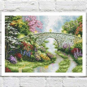 Garden Landscape Cross Stitch Pattern  Colorful Art DIY X-stitch  Needlepoint Pattern Embroidery Chart Printable Instant Download PDF Design