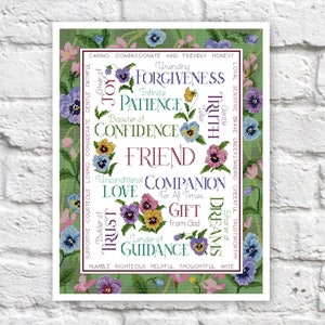 May include: A green cross-stitch pattern with a floral border and a word cloud of positive qualities, including "friend", "love", "trust", "forgiveness", "patience", and "guidance".