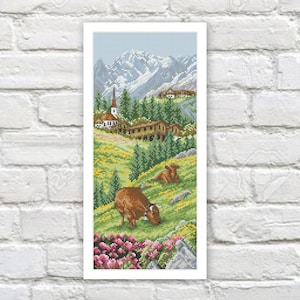 Berglandschaft Kreuzstich Muster Bunte Kunst DIY X-Stich Nadelspitzenmuster Stickbild Printable Sofort Download PDF Design