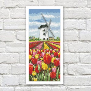 Windmill Tulips  Cross Stitch Pattern Colorful Art DIY X-stitch Needlepoint Pattern Embroidery Chart Printable Instant Download PDF Design