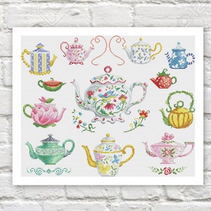 Teapots Cross Stitch Pattern Colorful Art DIY X-stitch Chart Needlepoint Embroidery Chart Printable PDF Instant Download Design Decor