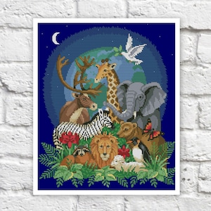 Afrikanische Tiere Kreuzstich Muster Bunte Kunst DIY X-Stich Nadelspitzenmuster Stickbild Printable Sofort Download PDF Design
