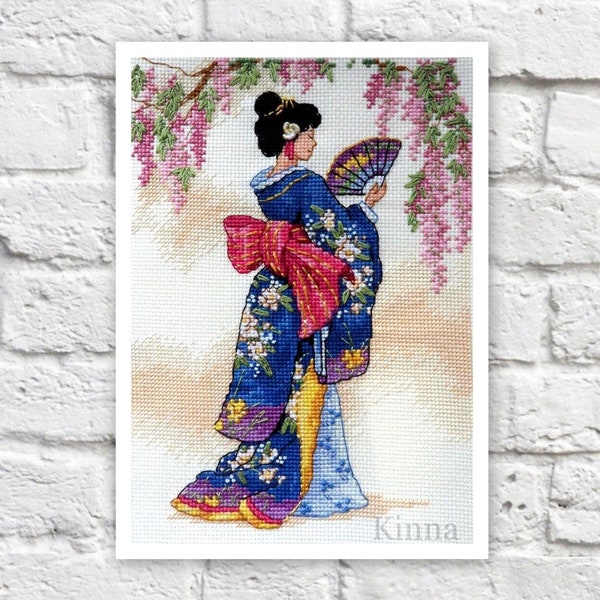 Japanese Geisha Cross Stitch Pattern Woman Colorful Art DIY X-stitch Needlepoint Embroidery Chart Printable Instant Download PDF Design
