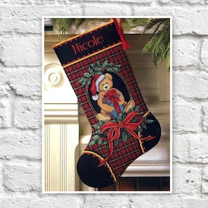 Christmas Stocking Cross Stitch Pattern Teddy Bear Colorful DIY X-stitch Chart Needlepoint Embroidery Printable Instant Download PDF Design