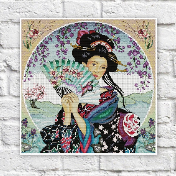 Japanese Geisha Cross Stitch Pattern Colorful Art DIY X-stitch Needlepoint Pattern Embroidery Chart Printable PDF Instant Download Design