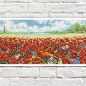 Può includere: Un campo di papaveri rossi con fogliame verde e un cielo blu sullo sfondo. I papaveri sono in piena fioritura e il campo è circondato da un prato verde.