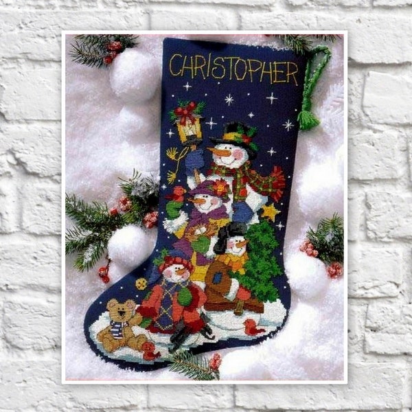 Family Snowmen Cross Stitch Pattern Christmas Stocking Colorful X-stitch Needlepoint Embroidery Chart Printable Instant Download PDF Design