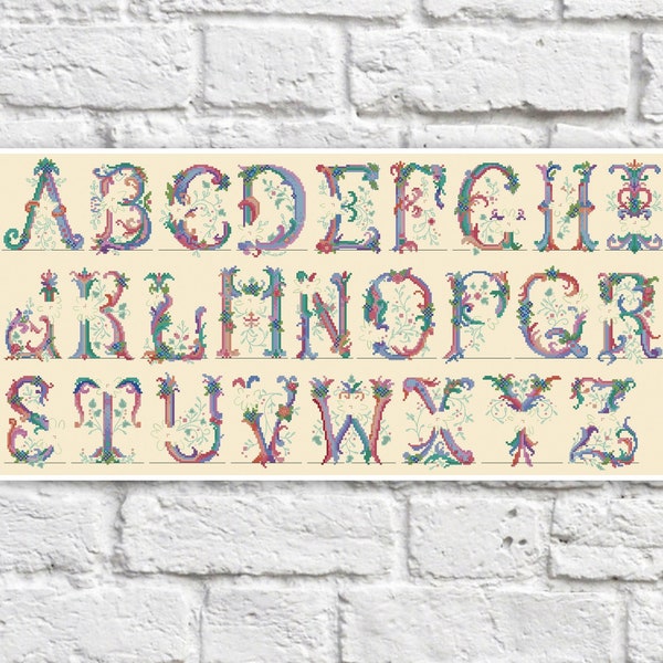 Alphabet Cross Stitch Pattern Lettres Art coloré DIY X-stitch Needlepoint Pattern Broderie Chart Imprimable Téléchargement instantané PDF Design