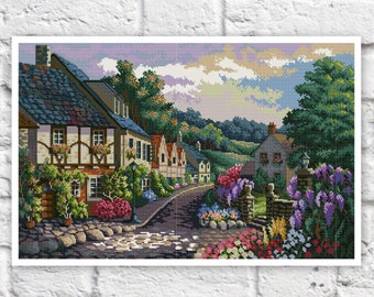 Village Cottage Cross Stitch Pattern Houses Colorful Art DIY X-stitch  Needlepoint Embroidery Chart Printable Instant Download PDF Design