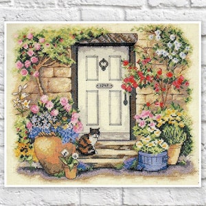 Garden House Cross Stitch Pattern Door Colorful Art DIY X-stitch Needlepoint Pattern Embroidery Chart Printable Instant Download PDF Design
