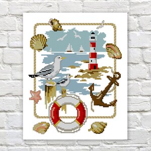 Mar amostrador ponto cruz padrão farol contado pdf x-stitch gráfico bordado bordado download instantâneo