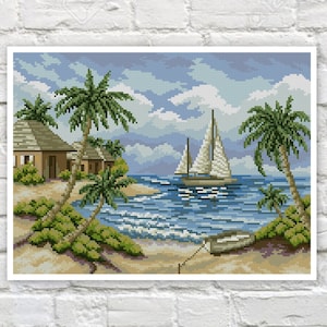 Beach Cross Stitch Pattern See Landscape Counted PDF X-stitch Chart Needlepoint Embroidery Instant Download