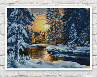 Winter Landscape Cross Stitch Pattern Counted PDF X-stitch Chart Needlepoint Embroidery Instant Download