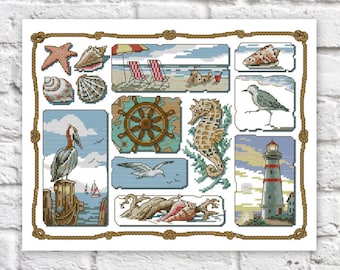 Sea Sampler Cross Stitch Pattern Colorful Art DIY X-stitch Chart Needlepoint Pattern Embroidery Chart Printable Instant Download PDF Design