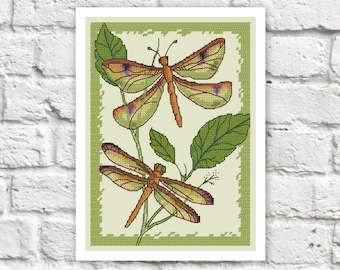 Patrón de punto de cruz de libélula Insectos Arte colorido DIY Punto de aguja Patrón de bordado Gráfico imprimible Descarga instantánea Diseño PDF