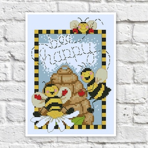 Honey Cross Stitch Pattern Bee Colorful Art DIY X-stitch Chart Needlepoint Pattern Embroidery Chart Printable Instant Download PDF Design