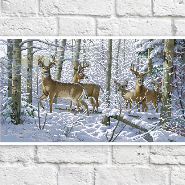 Winter Deer Cross Stitch Pattern Colorful Art DIY X-stitch Chart Needlepoint Pattern Embroidery Chart Printable Instant Download PDF Design