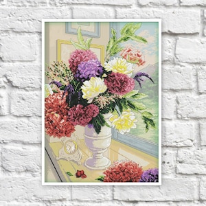 Flowers Bouquet Cross Stitch Pattern Colorful Art DIY X-stitch  Needlepoint Pattern Embroidery Chart Printable Instant Download PDF Design