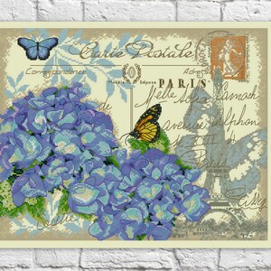 May include: A vintage postcard featuring a blue butterfly, a cluster of blue hydrangeas, and a view of the Eiffel Tower in Paris, France. The postcard reads "Carte Postale" and has a handwritten address.