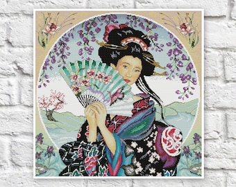 Japanese Geisha Cross Stitch Pattern Colorful Art DIY X-stitch Needlepoint Pattern Embroidery Chart Printable PDF Instant Download Design