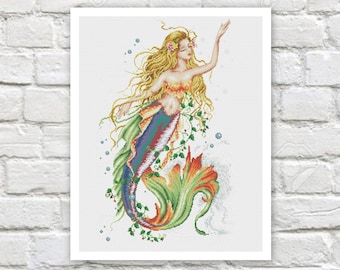 May include: A colorful mermaid with long blonde hair and a green, orange, and blue tail. She is surrounded by bubbles and flowers.