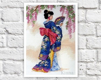 Japanese Geisha Cross Stitch Pattern Woman Colorful Art DIY X-stitch Needlepoint Embroidery Chart Printable Instant Download PDF Design