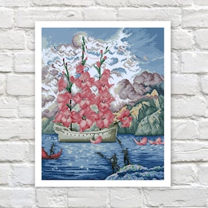 Ship Cross Stitch Pattern Landscape Cross Stitch Mountain Counted PDF X-stitch Chart Needlepoint Embroidery Instant Download