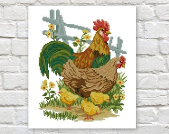 May include: Cross-stitch artwork depicting a rooster with a red comb, a hen, and three yellow chicks. The rooster has brown and green feathers, and the hen is brown. The scene includes a gray fence, yellow flowers, and green grass.