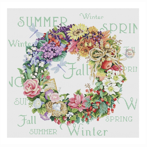 Flower Wreath Cross Stitch Pattern Season Wreath X-stitch Chart Needlepoint Pattern Embroidery Chart Printable  Instant Download PDF Design