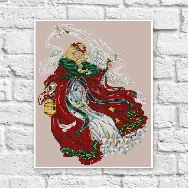 Christmas Angel Cross Stitch Pattern Colorful Art DIY X-stitch Needlepoint Pattern Embroidery Chart Printable PDF Instant Download Design