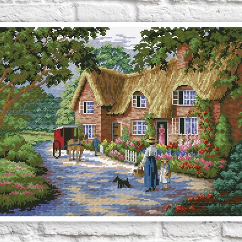 Victorian Cottage Cross Stitch Pattern House Colorful Art Etsy