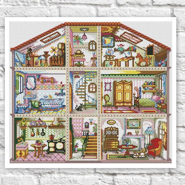 Doll House Cross Stitch Pattern Colorful Art DIY X-stitch Chart Needlepoint Pattern Embroidery Chart Printable Instant Download PDF Design