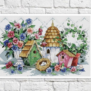Summer Cross Stitch Pattern Bird House Colorful Art DIY X-stitch  Needlepoint Pattern Embroidery Chart Printable PDF Instant Download Design