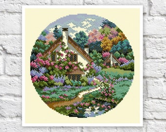 Peut inclure: Un motif de point de croix représentant un chalet blanc avec un toit de chaume entouré d'un jardin luxuriant avec des fleurs et un chemin sinueux. Le chalet est situé sur fond d'arbres et d'un ciel bleu avec des nuages blancs.