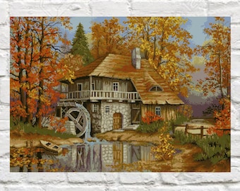 Autumn Landscape Cross Stitch Pattern Autumn Houses Counted PDF X-stitch Chart Needlepoint Embroidery Instant Download
