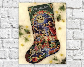 May include: A Christmas stocking with the name "Christopher" embroidered on it. The stocking is filled with toys, including a rocking horse, a teddy bear, and a train. The stocking is decorated with a red bow and a wreath of holly.