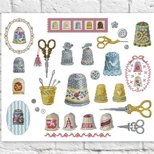 Puede incluir: Una colección de dedal de colores con varios diseños, incluyendo patrones florales, pájaros y corazones. También hay agujas de coser, tijeras y un carrete de hilo.