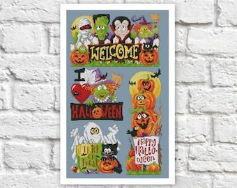 Halloween Cross Stitch Pattern Halloween Sampler Cross Stitch Chart Needlepoint Pattern Embroidery Chart Printable Instant Download PDF