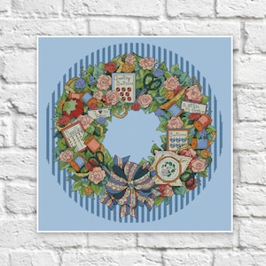 May include: A blue and white striped background with a wreath made of flowers, sewing supplies, and buttons. The wreath has a blue bow in the center. The text "Quality Buttons" and "A stitch in time..." are visible on the wreath.