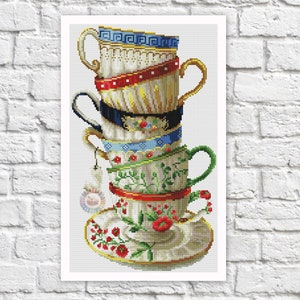 Cups Cross Stitch Pattern Tea Cup Colorful Art DIY X-stitch Chart Needlepoint Pattern Embroidery Chart Printable PDF Instant Download Design