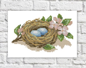 Bird Nest Cross Stitch Pattern Small Colorful Art DIY X-stitch  Needlepoint Pattern Embroidery Chart Printable Instant Download PDF Design