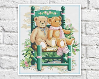 Teddy Bears Cross Stitch Pattern Colorful Art X-stitch Chart Needlepoint Pattern Embroidery Chart Printable PDF Instant Download Design