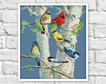 Birds on Branch Cross Stitch Pattern Colorful Art DIY X-stitch Needlepoint Pattern Embroidery Chart Printable Instant Download PDF Design