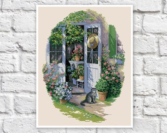 Garden Cross Stitch Pattern Door Colorful Art DIY X-stitch Chart Needlepoint Pattern Embroidery Chart Printable Instant Download PDF Design